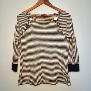 Ralph Lauren Navy Blue White Stripe Cotton Knit Laced‎ Raglan Sleeve Top Sz L